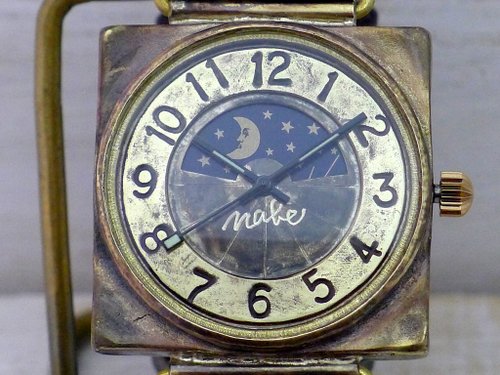 CUBE-JB3-S & M HandCraftWatch JUMBO Brass 36mm Square Sun & Moon (JUM94S &  M BR)