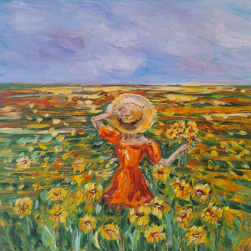 Sunflower field painting Girl in the field wall 向日葵田野圖片 女孩油畫 - 掛牆畫/海報 - 棉．麻 黃色