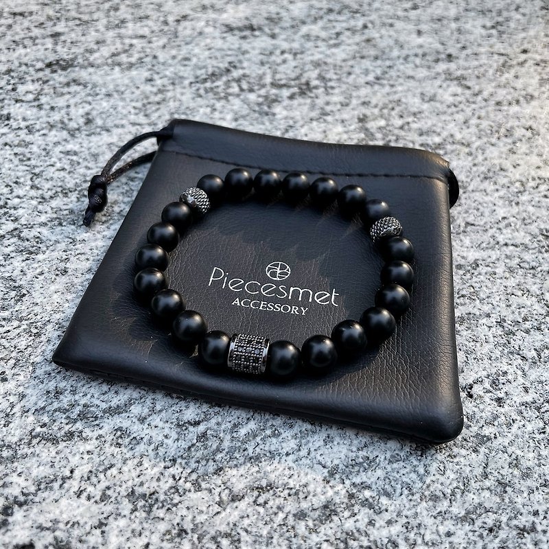 Elastic bracelet made with multi-stone beads and CZ ring charm - Bracelets - Crystal Black
