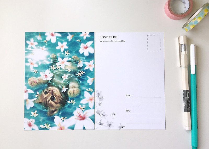 動物插畫明信片【賞油桐花的小貓】 - 卡片/明信片 - 紙 白色