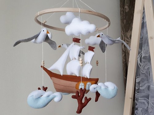 Felt Dreams Designs Ship baby mobile nursery, sea / ocean waves crib mobile boy, baby shower gift