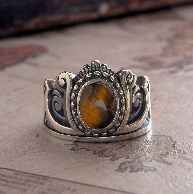 925純銀飾印度皇室風格皇冠寶石個性戒指 虎眼石 寶石可討論更換