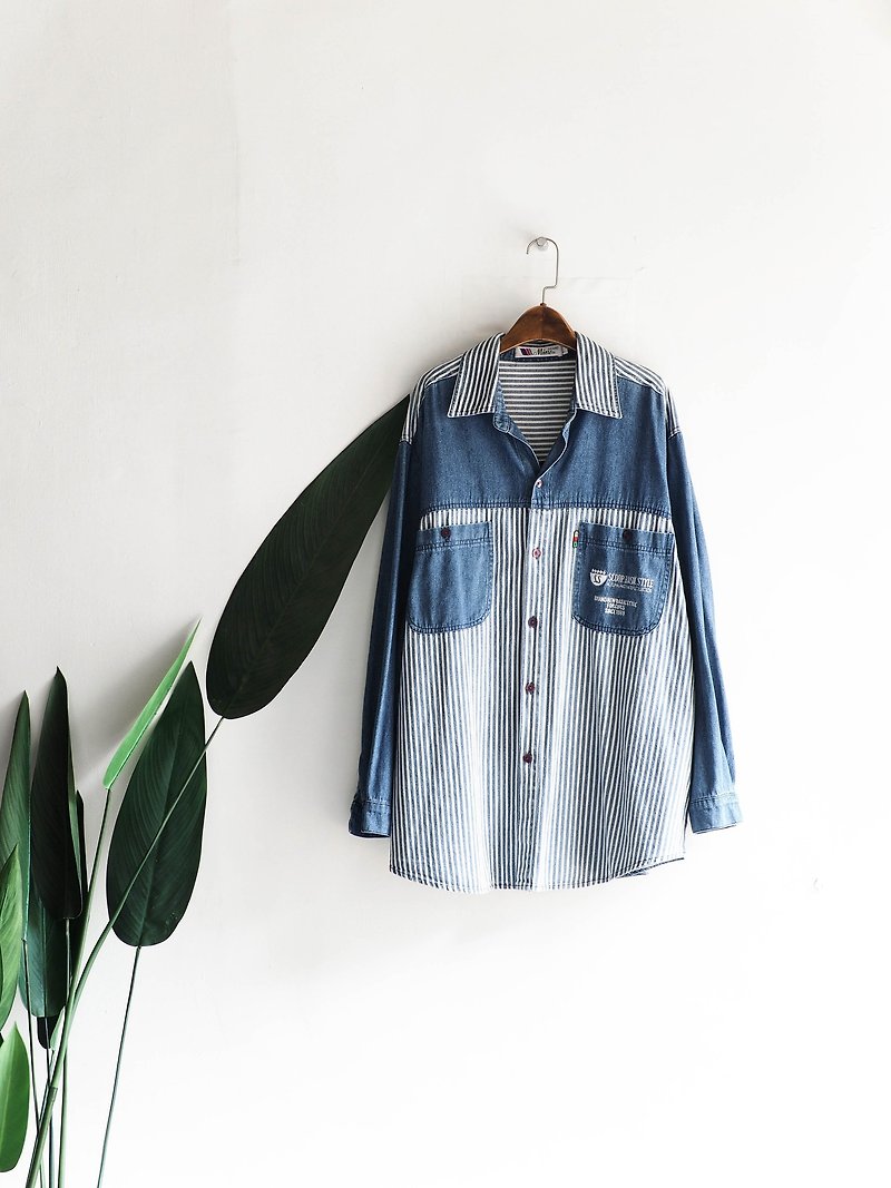 Aomori water blue striped stitching hand antique cotton denim shirt jacket coat oversize - Women's Shirts - Cotton & Hemp Blue