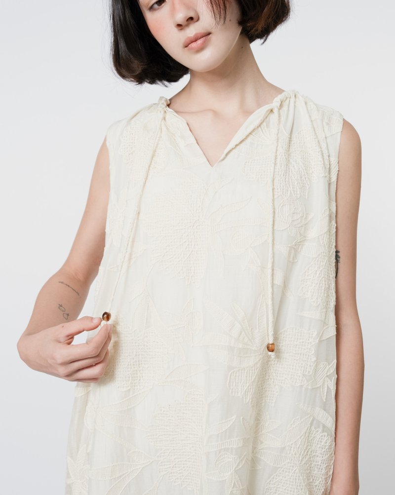 Journey Loose Dress (Floral Embroidery) - One Piece Dresses - Cotton & Hemp White