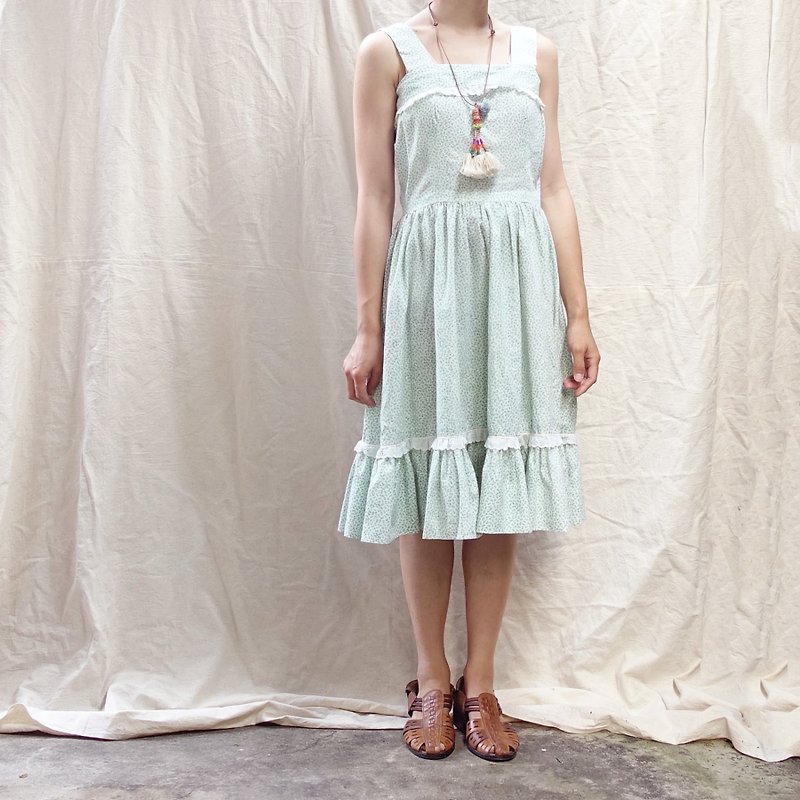 *BajuTua / Vintage / Made in the USA 50's Floral Lace Tank Dress - ชุดเดรส - ผ้าฝ้าย/ผ้าลินิน สีเขียว