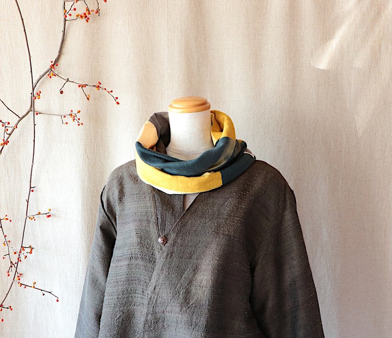 藍綠色/黃色/ 窄/  Snood。 - 頸巾/披肩 - 棉．麻 黃色