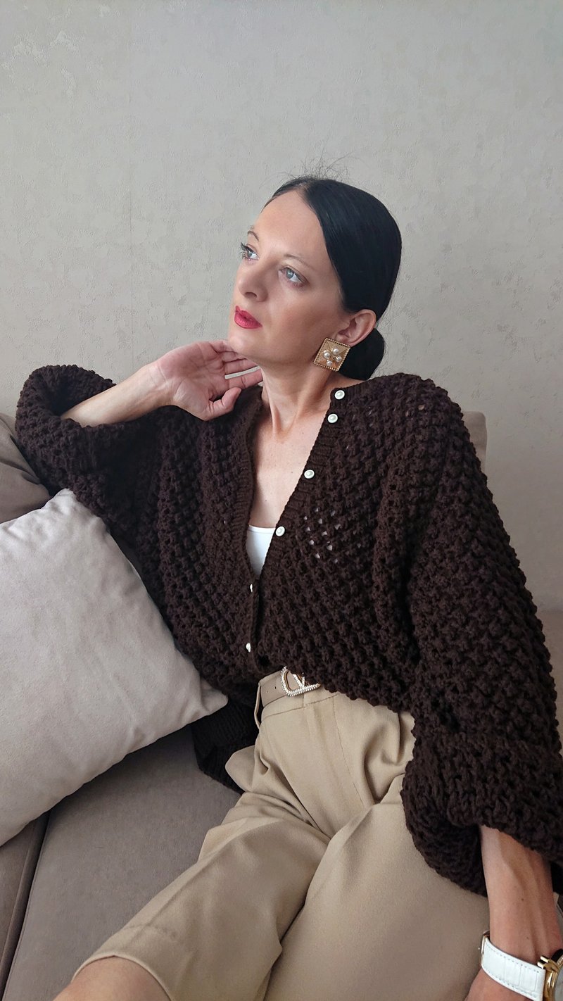 Popcorn hand knit cardigan for women Wool sweater jacket with button Knit blouse - 女毛衣/針織衫 - 羊毛 