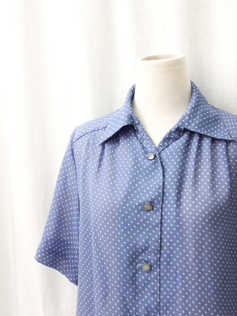 【RE0720T130】復古點點藍紫色短袖古著襯衫-特 - 恤衫 - 聚酯纖維 藍色