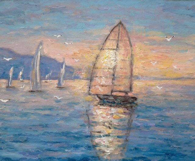湖の夕焼けミニ油絵、ヨットオリジナルアートワーク、海の手作り