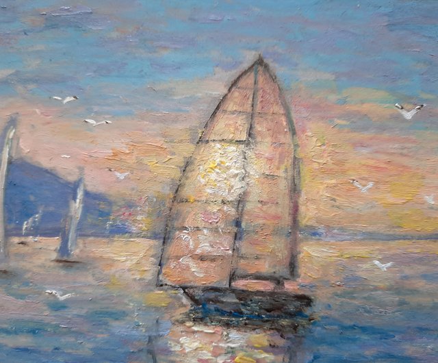 ［匿名配送］一点もの 空 夕焼け 油絵 油彩 絵 小さい インテリア 湖の夕焼けミニ油絵、ヨットオリジナルアートワーク、海の手作り
