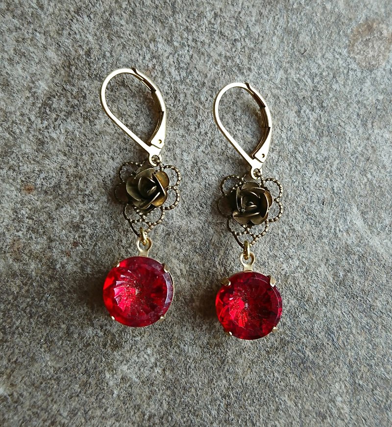 玫瑰古董紅色玻璃耳環 - 耳環/耳夾 - 其他金屬 紅色