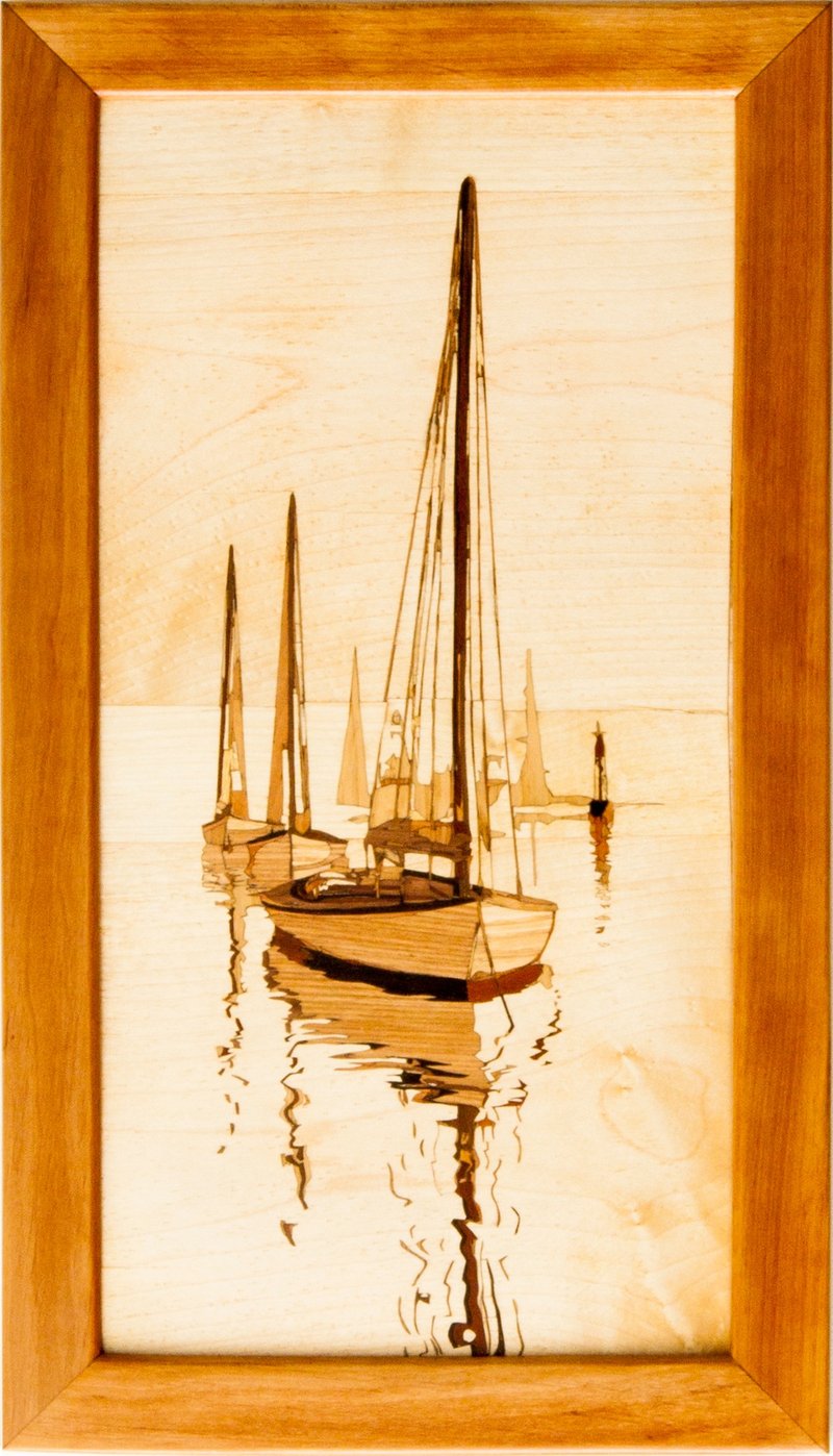 Sail seascape marine sail home decor boho style marquetry inlay framed picture - 壁貼/牆壁裝飾 - 木頭 橘色