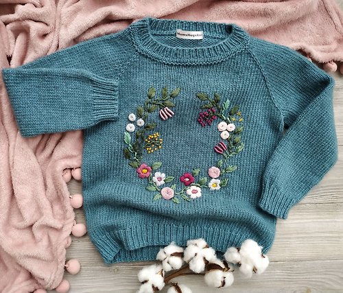 MumsHugsKnit Handmade alpaca sweater with and embroidered flowers for baby, girl. Many colors