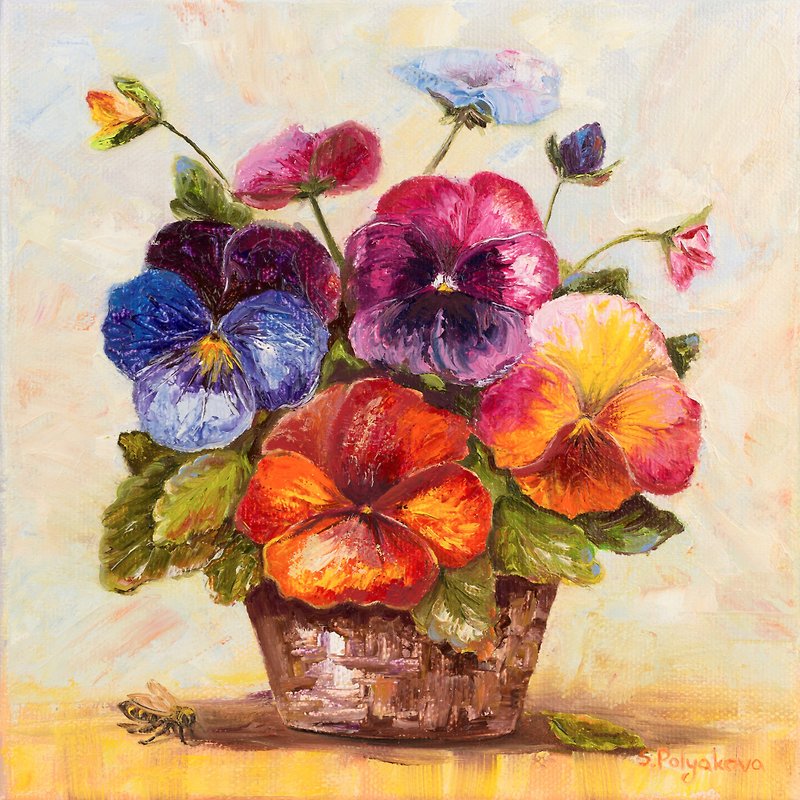 Pansies Painting Bee and Flowers Oil Painting on Canvas Juicy Small Original Art - 掛牆畫/海報 - 其他材質 多色