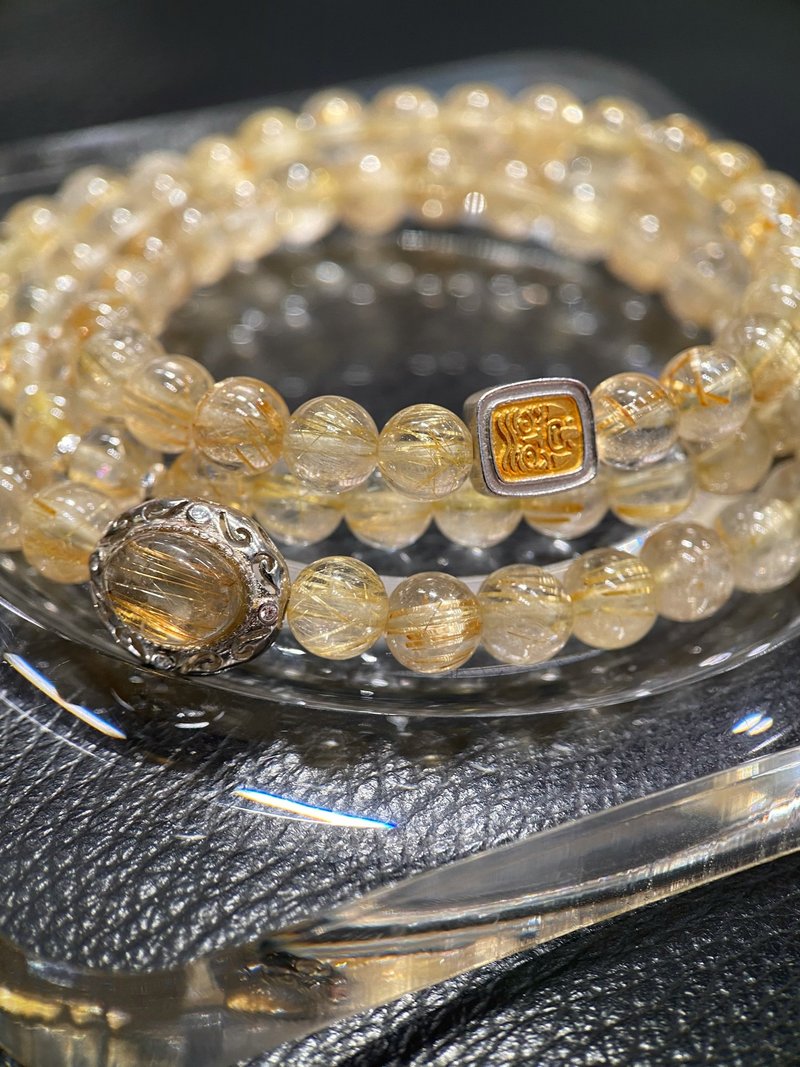Natural Golden Rutilated Quartz Bracelet + Golden Rutilated Quartz Magic Box Charm + S925 Silver Zha Kilam Square Charm Triple Wrap Bracelet - สร้อยข้อมือ - คริสตัล 
