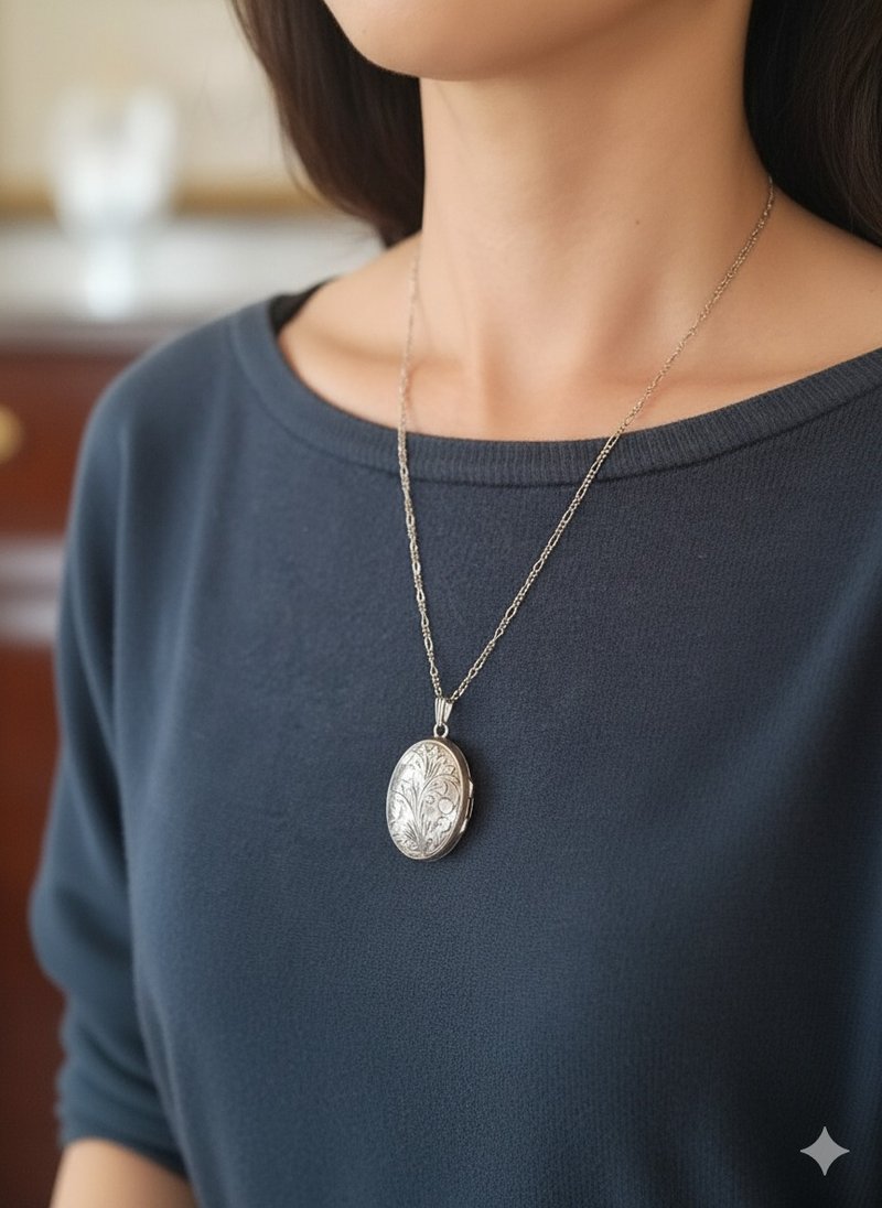 イギリス1979年純銀製ロケットペンダント イタリア製フィガロチェーン付き - ネックレス - スターリングシルバー シルバー