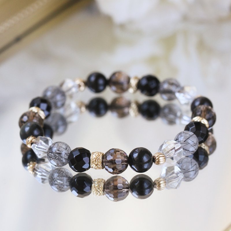 Obsidian black hair crystal citrine black agate. Lake Akan. 8mm health and evil crystal bracelet - สร้อยข้อมือ - คริสตัล สีดำ