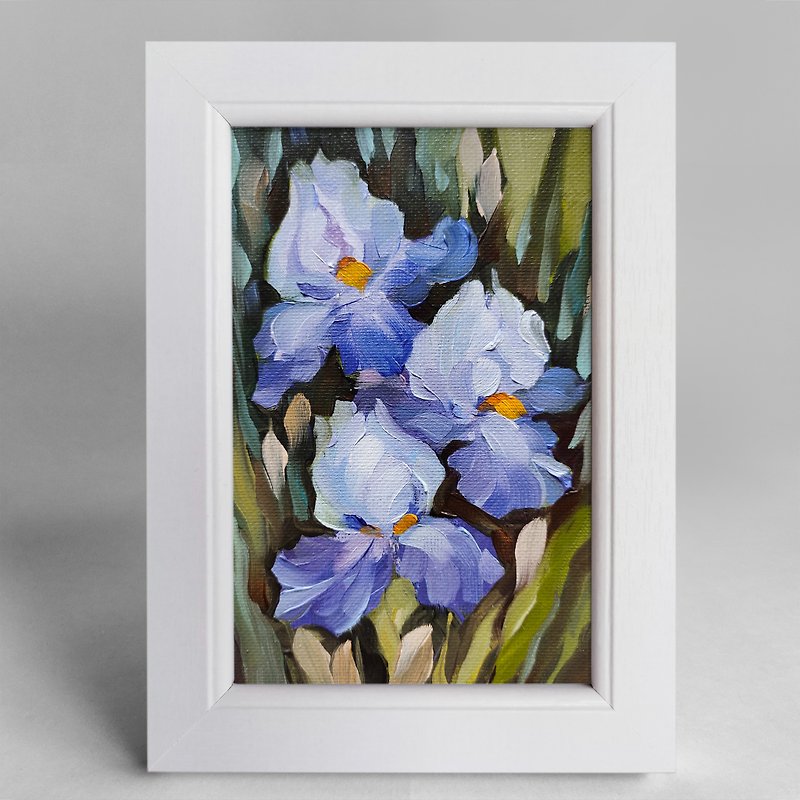 アイリスの花の油絵キャンバスに額装されたオリジナルの家の装飾 - ポスター・絵 - コットン・麻 ブルー