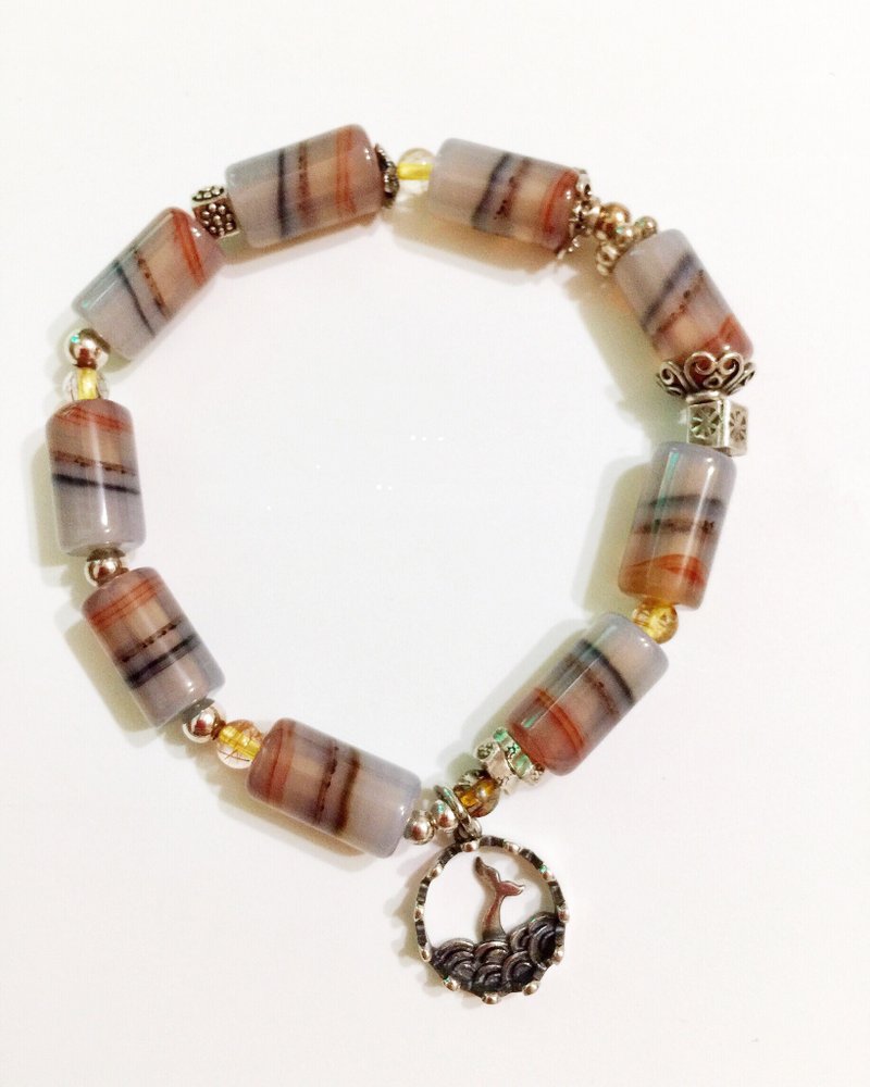 稀有條紋纏絲瑪瑙管珠手串 - 手鍊/手環 - 半寶石 卡其色