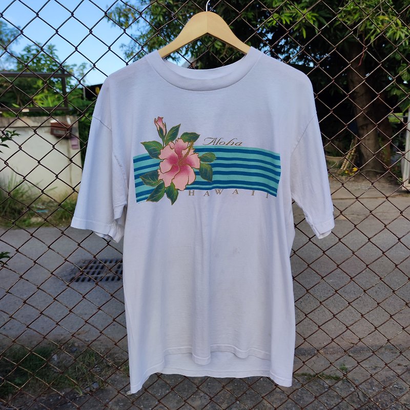 Vintage 90s Aloha Hawaii Hibiscus Floral T-Shirt - 男 T 恤 - 棉．麻 白色