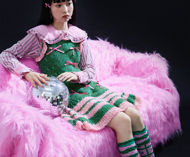 ピンクとグリーンのリボンニットワンピース - ショップ tntntutu