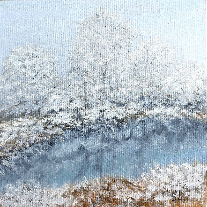 Winter Landscape Handmade Oil Painting Wall Art River Forest Dawn Snow Lace 10in - โปสเตอร์ - วัสดุอื่นๆ สีน้ำเงิน