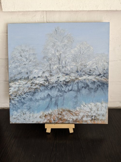 冬の風景 手作り油絵 壁アー​​ト 川 森 夜明け 雪 レース 10