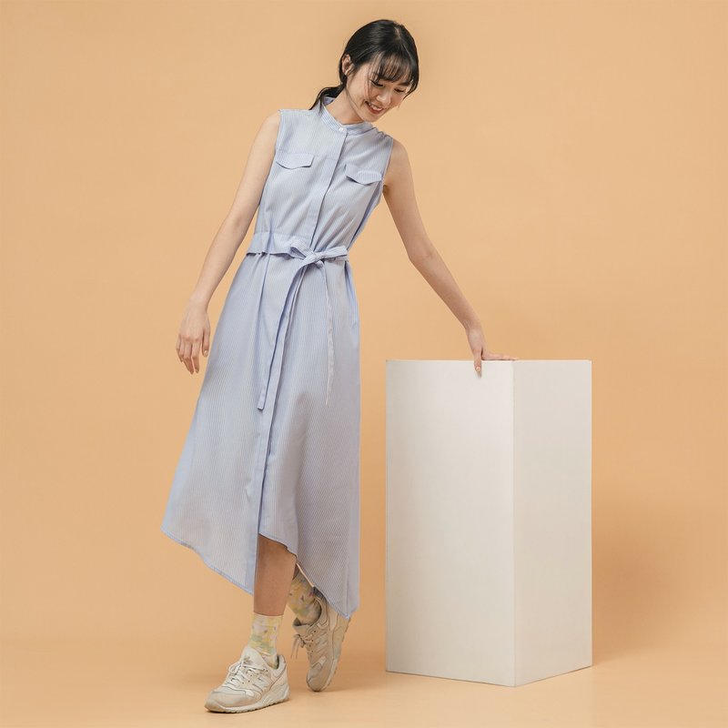 [Classic original] Relativity_time and space asymmetry dress_CLD002_ white strips on blue background - ชุดเดรส - เส้นใยสังเคราะห์ สีน้ำเงิน