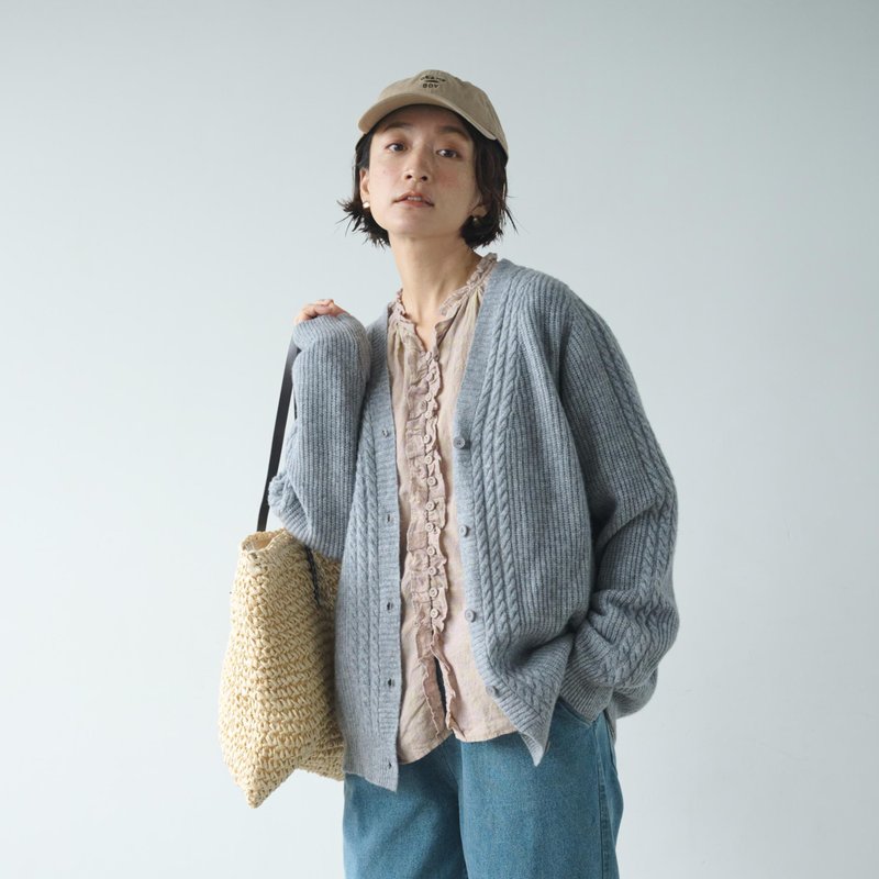 A beautiful cable knit cardigan with a V-neck wool cardigan in wood grey 241202-3 - Women's Sweaters - Wool 