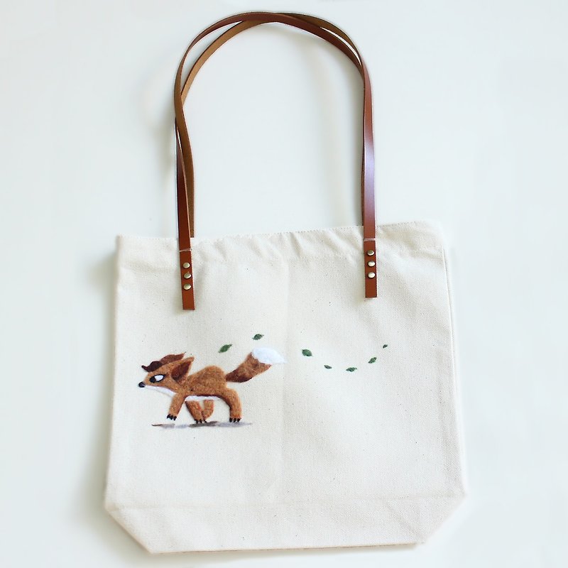Desert Fox tote bag - Wool felt embroidery, Canvas bag - Messenger Bags & Sling Bags - Cotton & Hemp Gold