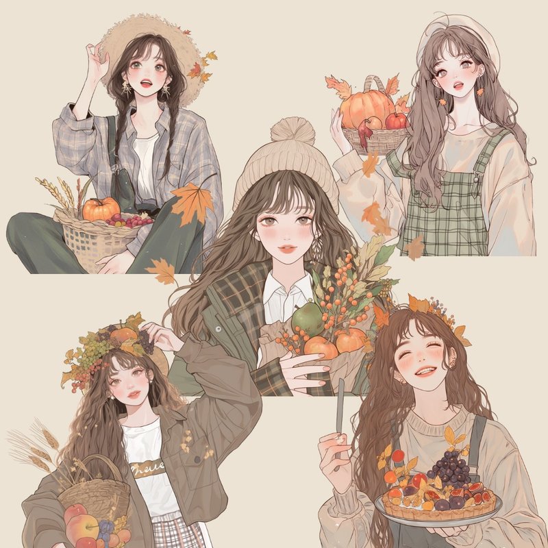 秋季女孩貼紙與水果採摘PNG 拼貼素材、手帳、數位貼紙最適合 - 電子似顏繪/繪畫/插畫 - 其他材質 