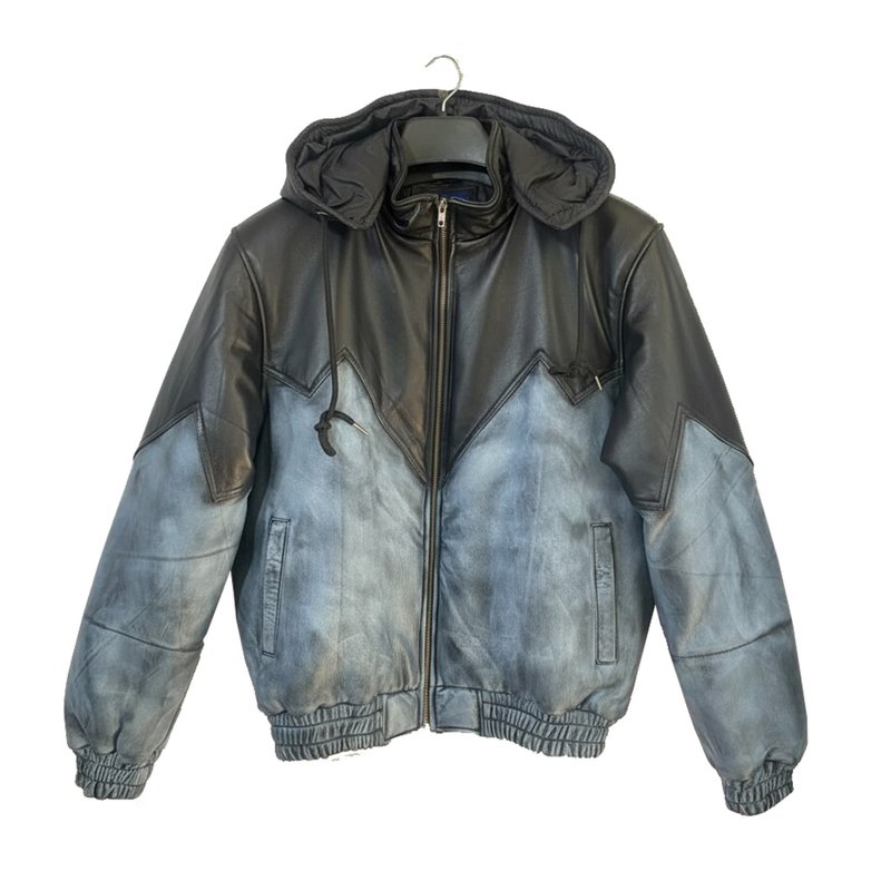 Two Tone Leather Hooded Winter Puffer Style Jacket Coat - 男夾克/外套 - 真皮 黑色