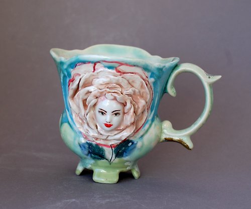 PorcelainShoppe Handmade art mug Talking Flowers Rose Alice in Wonderland Flower Face mug