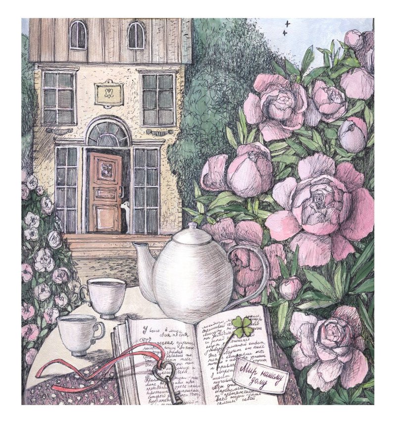 原创绘画花园里的下午茶时间花卉绘画牡丹甜蜜的家 - 插畫/繪畫/寫字 - 紙 粉紅色