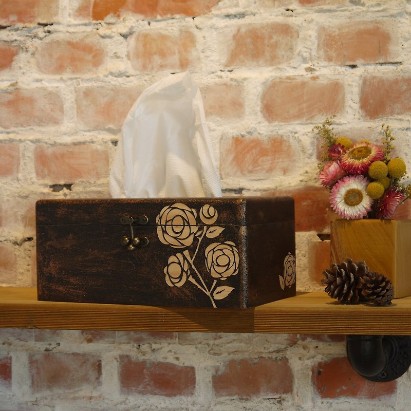 手工原木面紙盒-玫瑰花造型 鄉村風 仿鍛造 面紙盒