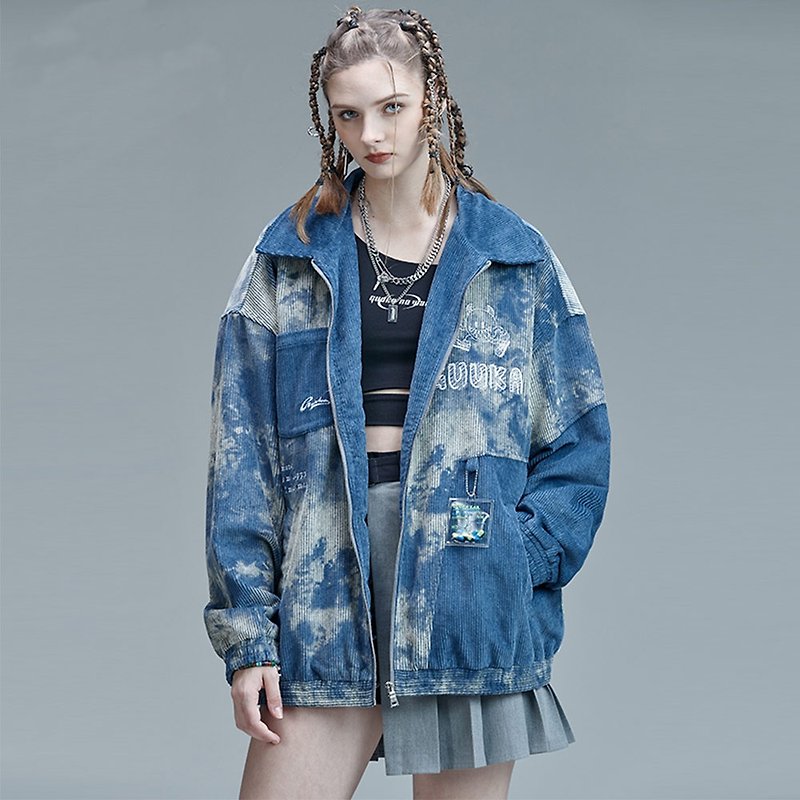 Tie-dye embroidery bomber jacket female corduroy tooling coat - Women's Casual & Functional Jackets - Other Materials Blue