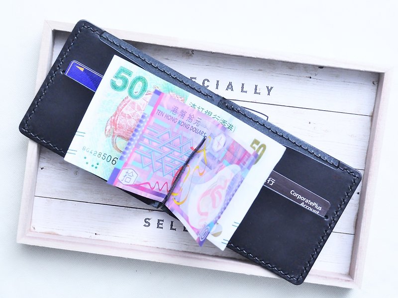 Double card position money clip well stitched leather material package silver paper clip paper money clip Italian vegetable tanned leather - Leather Goods - Genuine Leather Black