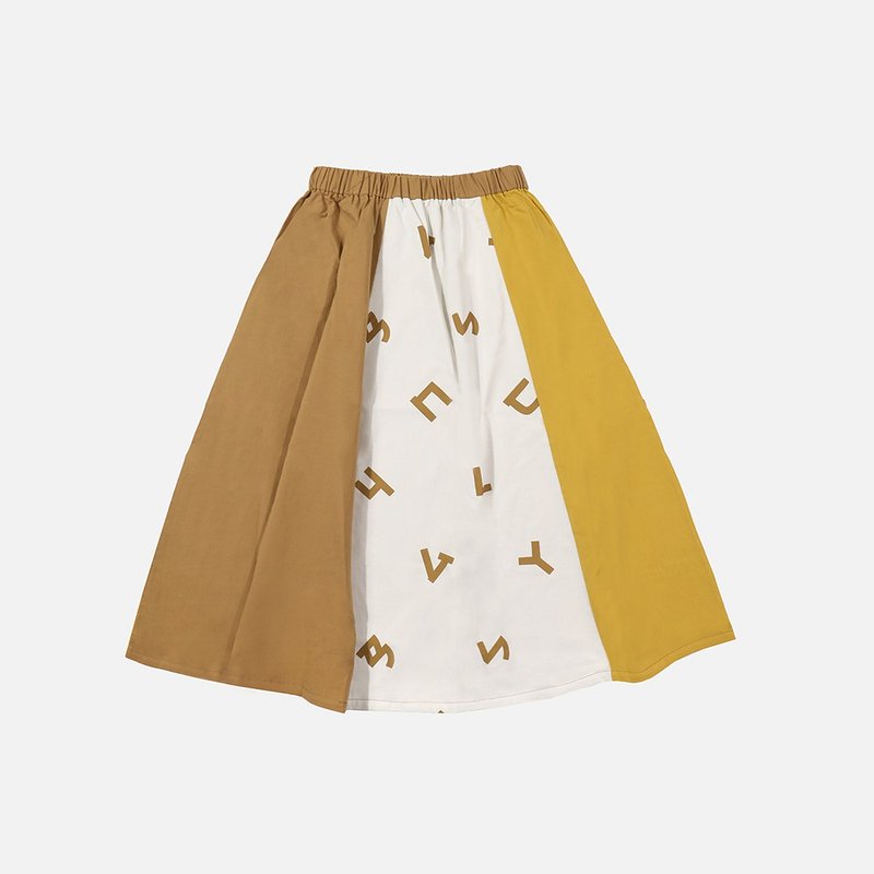 Phonetic printing contrast color stitching skirt-coffee mustard yellow - กระโปรง - ผ้าฝ้าย/ผ้าลินิน หลากหลายสี