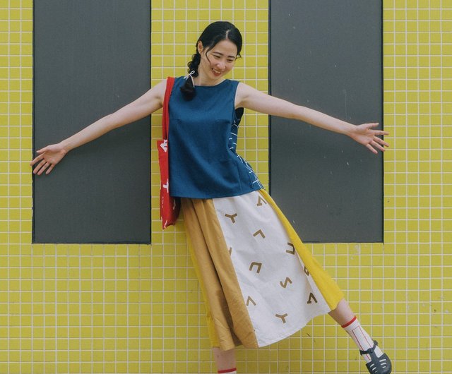 ふりがなコントラストカラーステッチスカート-コーヒーマスタード