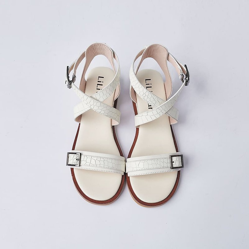 [Paris Time] Cowhide one-line strap cross slimming sandals_Slim alligator pure white (22.5-24.5) - Sandals - Genuine Leather White