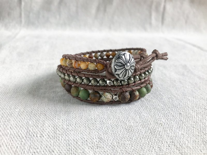 Natural stone braided bracelet-mountain three-ring African turquoise / pyrite / yellow agate - Bracelets - Semi-Precious Stones Green