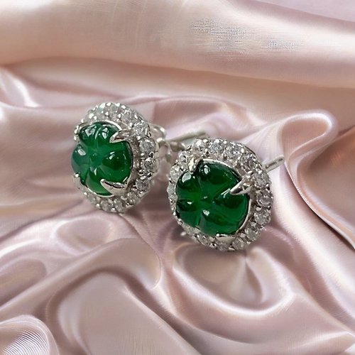 瓔珞珠寶盒 E.L.Jewelry Box 冰綠翡翠花925純銀鑲嵌耳環 | 天然玉翡翠A貨