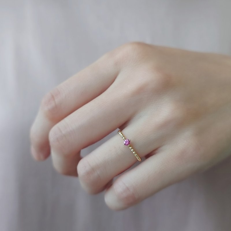 Natural Pink Sapphire Prong Set 14K Solid Yellow Gold Beaded Band Ring - แหวนทั่วไป - เครื่องเพชรพลอย สึชมพู