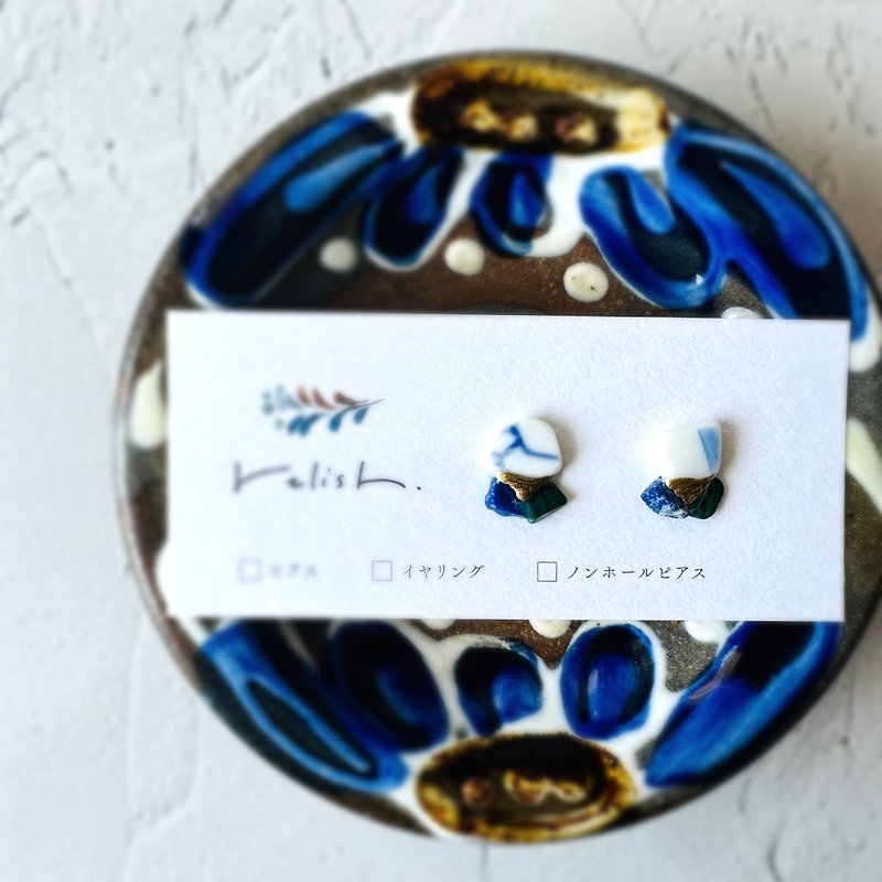 [Resale] Japanese Modern Kintsugi Sea Pottery Natural Stone Malachite Lapis Lazuli Earrings Non-pierced Earrings Blue Blue Green Green Gold Gold White White Small Small - Earrings & Clip-ons - Pottery Blue