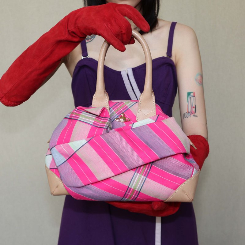 南瓜Vintage。Vivienne Westwood 經典 格紋 帆布 手提包 - 手提包/手提袋 - 真皮 粉紅色