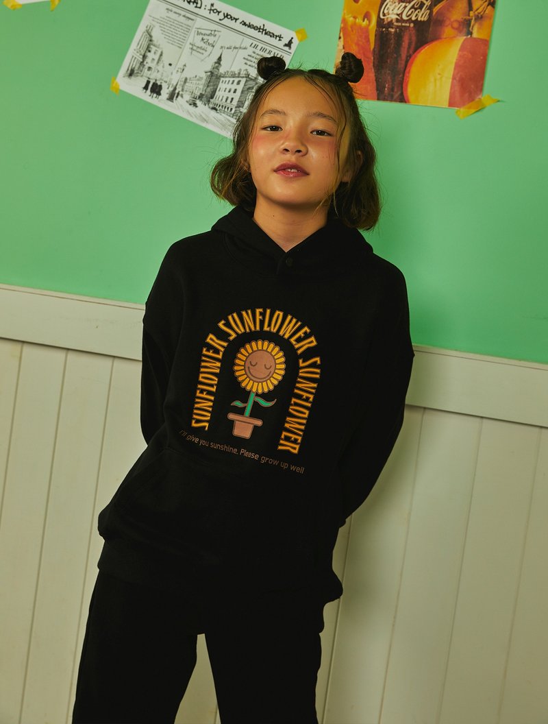 Sunflower Hoodie_Black - เสื้อยืด - ผ้าฝ้าย/ผ้าลินิน สีดำ