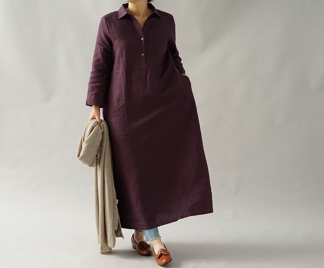 warm linen / raised fabric / shirt dress / A line dress / long dress /  a64-13 - Shop wafu linen clothing One Piece Dresses - Pinkoi