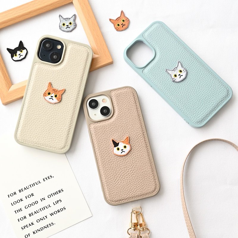 Color Rear Case [Simple Cat Patch] Embroidered iPhone Smartphone Case Smartphone Shoulder Dull Color Animal Pet A268I - เคส/ซองมือถือ - หนังเทียม สีนำ้ตาล