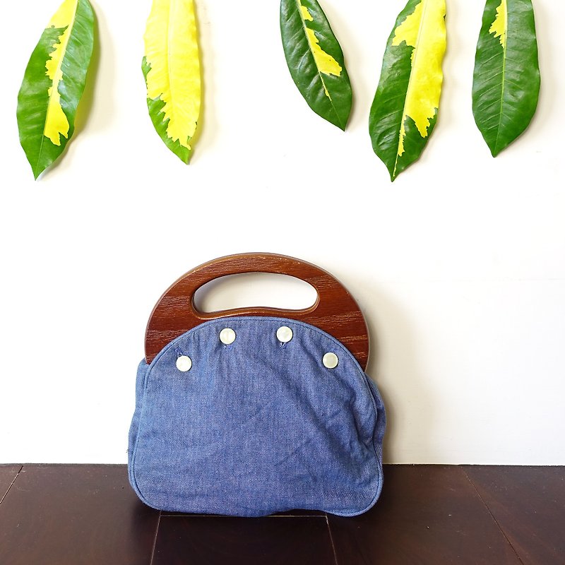 BajuTua / vintage / rustic denim blue mini wooden handle bag - Handbags & Totes - Cotton & Hemp Blue