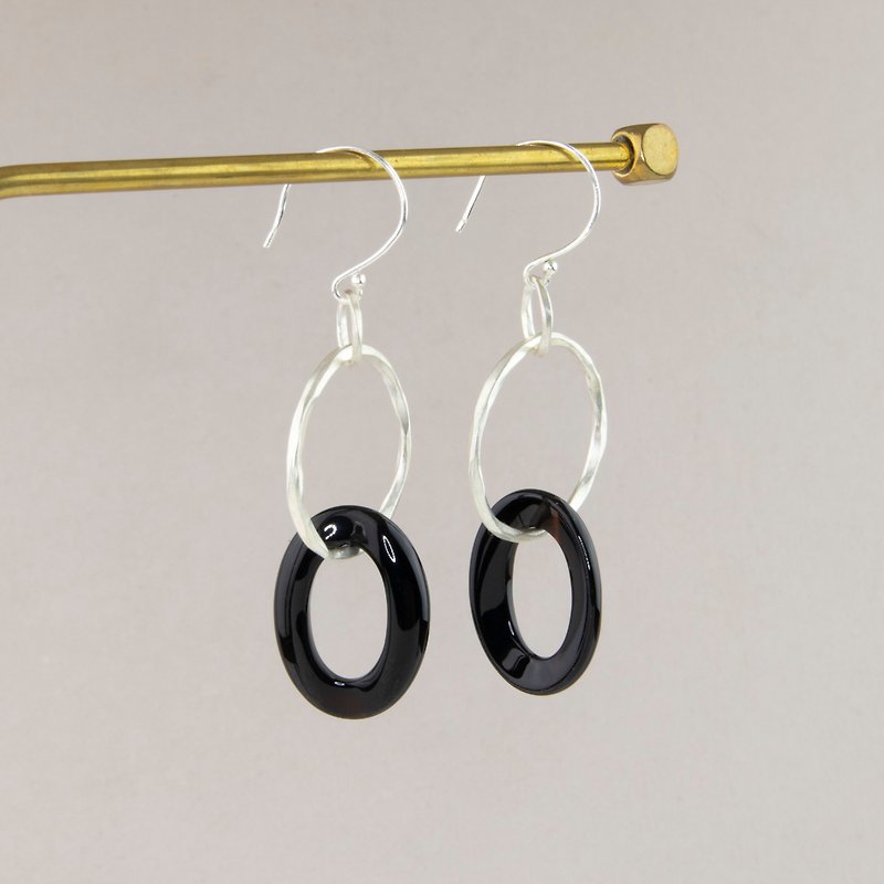 Agate Loops w Silver Loops Drop Earrings - Black -Silver Ear Hooks - Earrings & Clip-ons - Sterling Silver Black